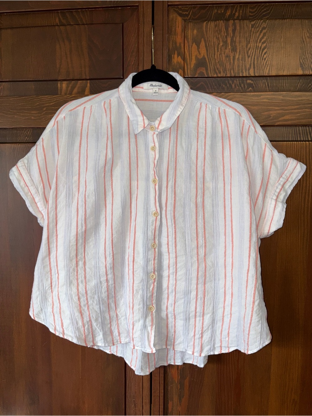 Madewell Central Shirt Coral Blue Stripe Textured Gauze Cuffed Short Sleeve M